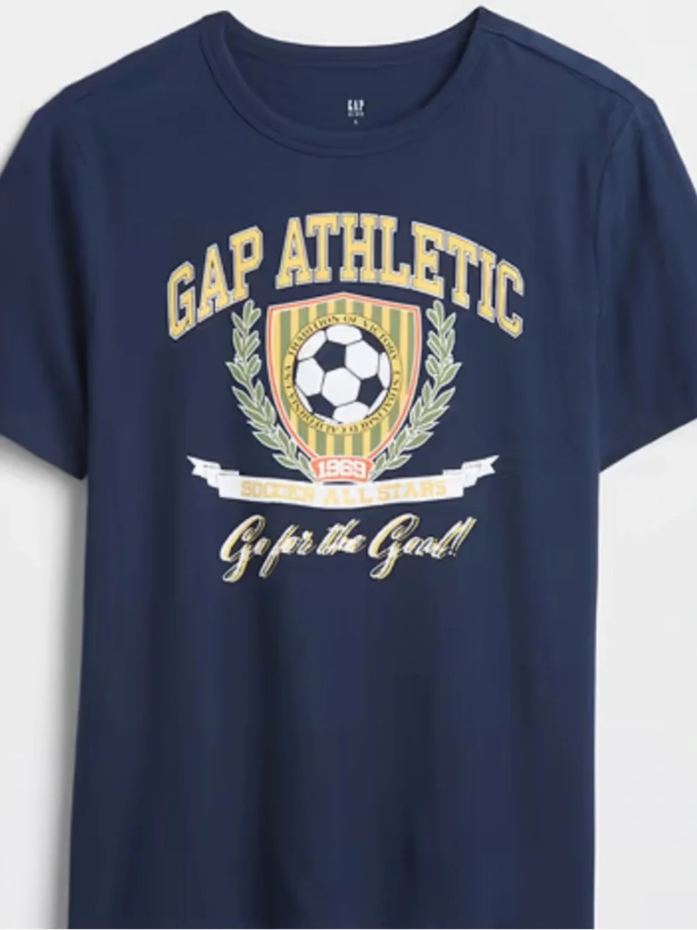 GAP Navy Short-Sleeve Soccer Graphic Tee with Yellow Crest Size S 6-7 NWT